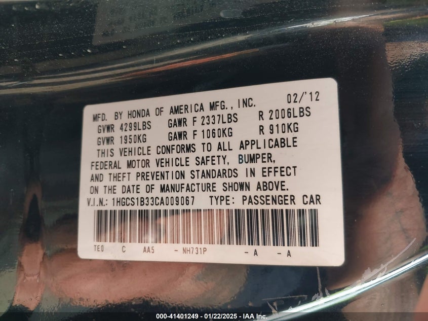2012 HONDA ACCORD VIN: 1HGCS1B33CA009067
