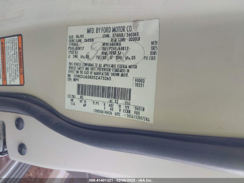 2005 Ford Explorer Limited VIN: 1FMDU65K05ZA75265 Lot: 41401321