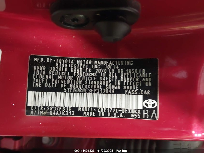 2015 TOYOTA COROLLA VIN: 5YFBURHE3FP212049