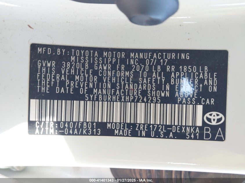 2017 TOYOTA COROLLA VIN: 5YFBURHEXHP724295