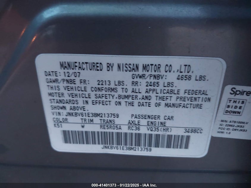 2008 INFINITI G35 VIN: JNKBV61E38M213759