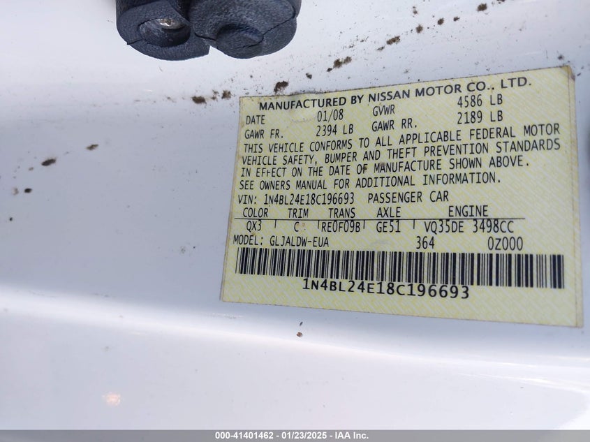 2008 NISSAN ALTIMA VIN: 1N4BL24E18C196693