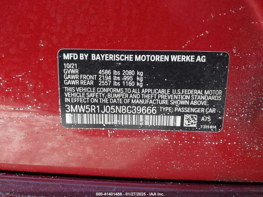 2022 BMW 330I VIN: 3MW5R1J05N8C39666 Lot: 41401488