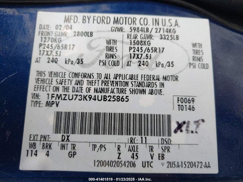 2004 Ford Explorer Nbx/Xlt VIN: 1FMZU73K94UB25865 Lot: 41401519