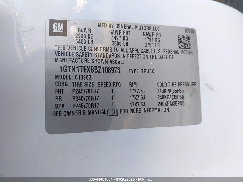 2011 GMC SIERRA 1500 VIN: 1GTN1TEX8BZ108973