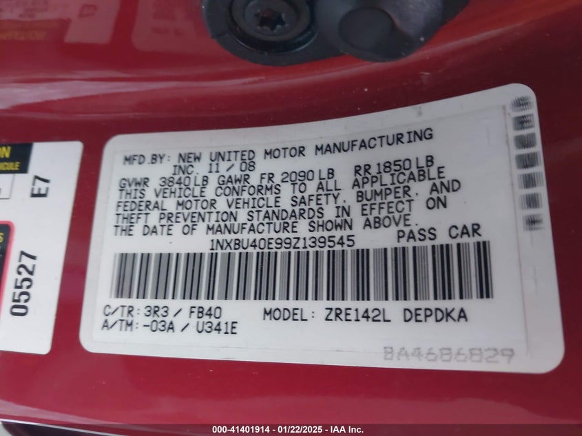 2009 TOYOTA COROLLA VIN: 1NXBU40E99Z139545