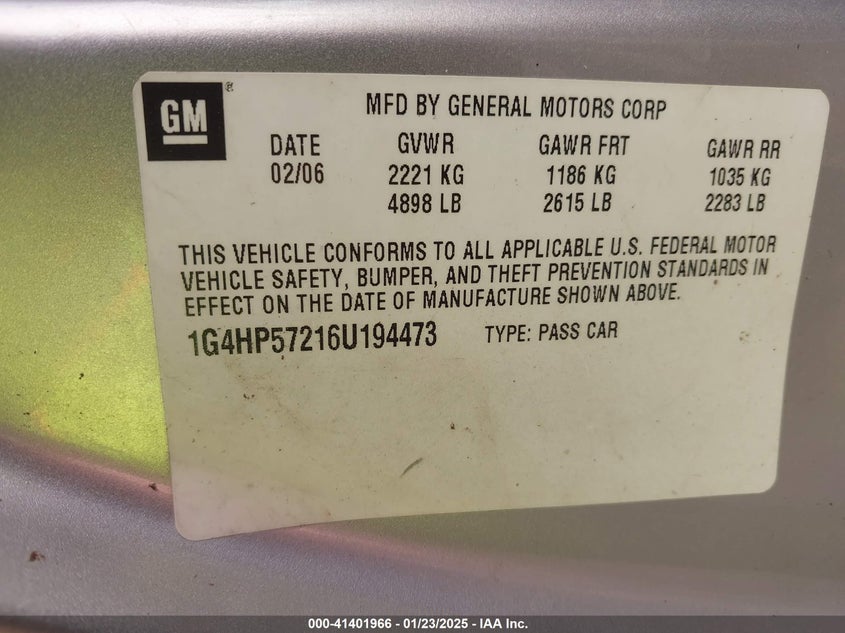 2006 BUICK LUCERNE VIN: 1G4HP57216U194473