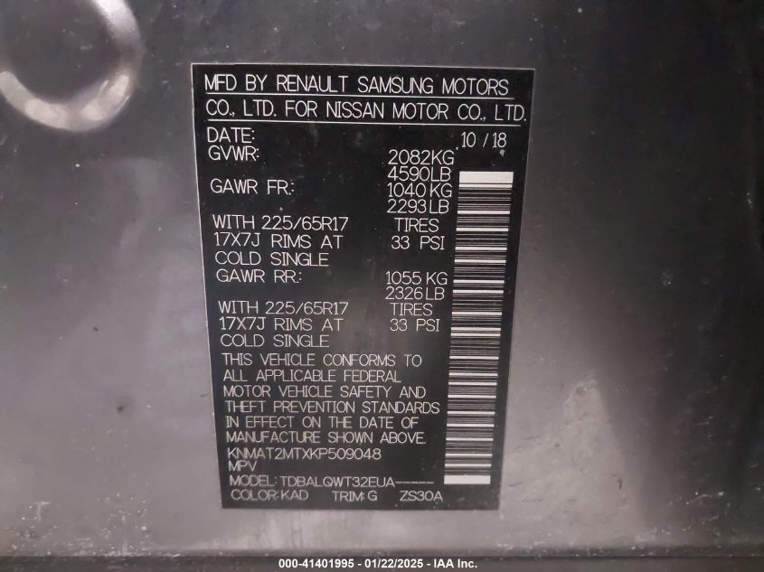 2019 Nissan Rogue Sv VIN: KNMAT2MTXKP509048 Lot: 41401995