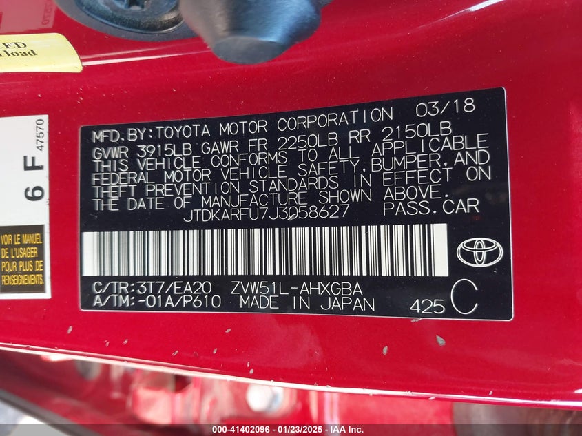 2018 TOYOTA PRIUS VIN: JTDKARFU7J3058627