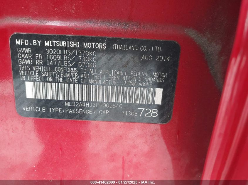 2015 Mitsubishi Mirage Es VIN: ML32A4HJ3FH009640 Lot: 41402099