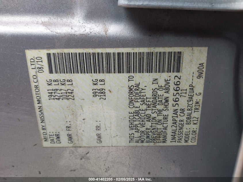 2010 NISSAN ALTIMA VIN: 1N4AL2AP1AN565662