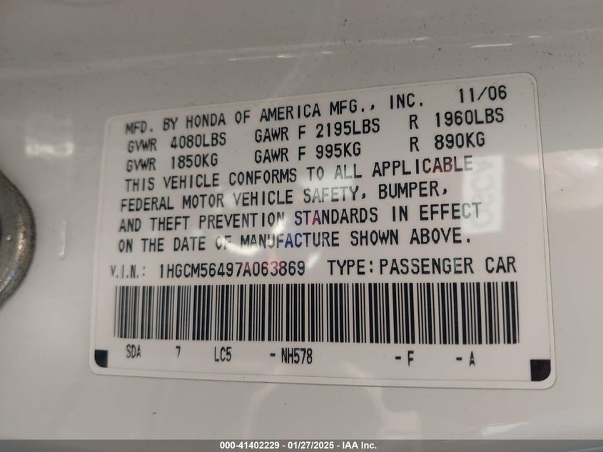 2007 HONDA ACCORD VIN: 1HGCM56497A063869