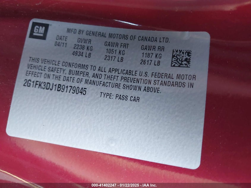 2011 CHEVROLET CAMARO VIN: 2G1FK3DJ1B9179045