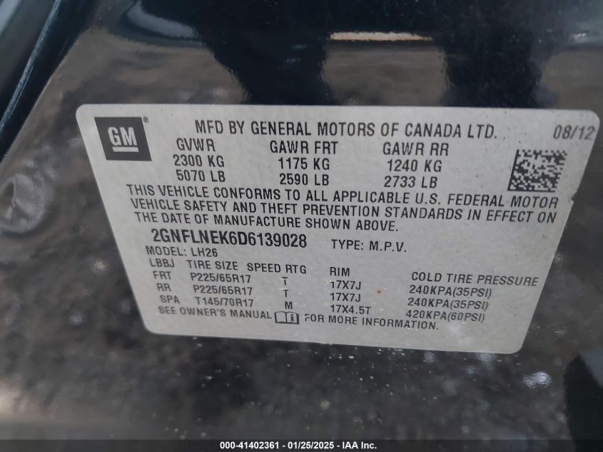 2013 Chevrolet Equinox 2Lt VIN: 2GNFLNEK6D6139028 Lot: 41402361