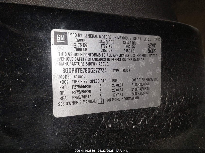 2013 CHEVROLET SILVERADO 1500 VIN: 3GCPKTE78DG272734