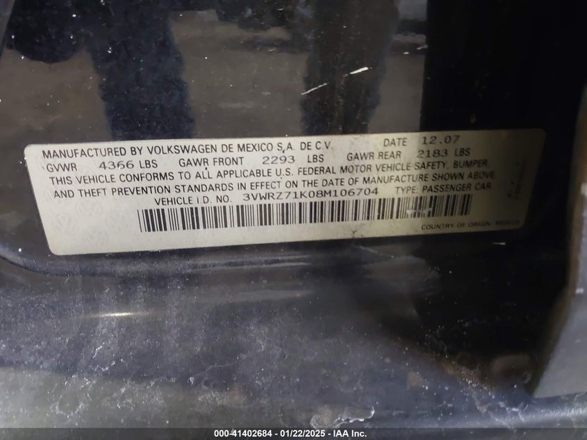 2008 VOLKSWAGEN JETTA VIN: 3VWRZ71K08M106704