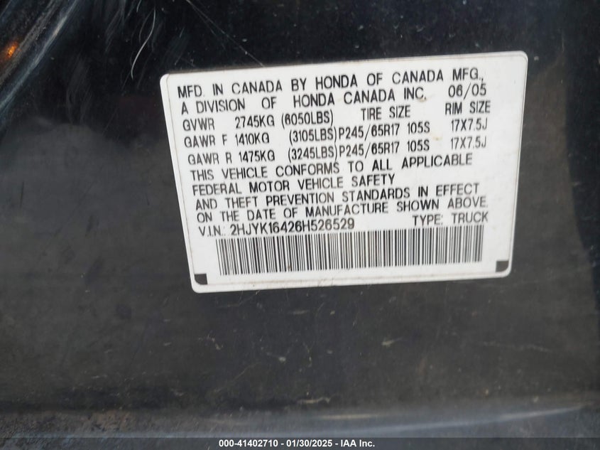 2006 HONDA RIDGELINE VIN: 2HJYK16426H526529