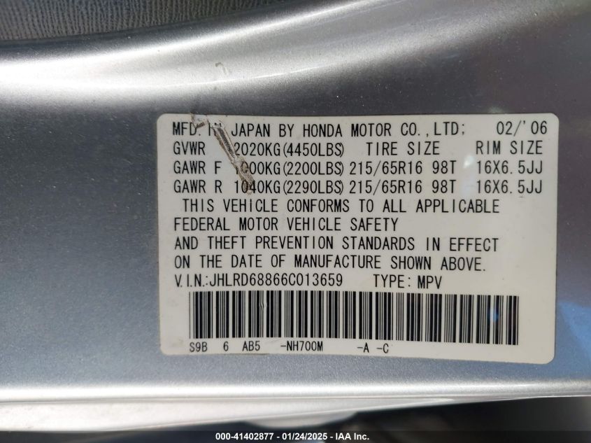 2006 Honda Cr-V Ex VIN: JHLRD68866C013659 Lot: 41402877