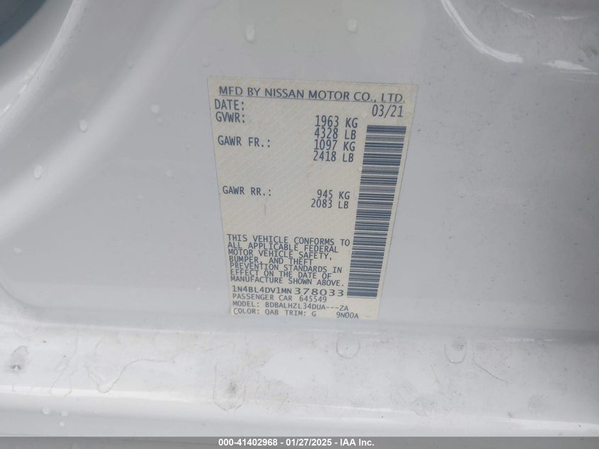 2021 NISSAN ALTIMA VIN: 1N4BL4DV1MN378033