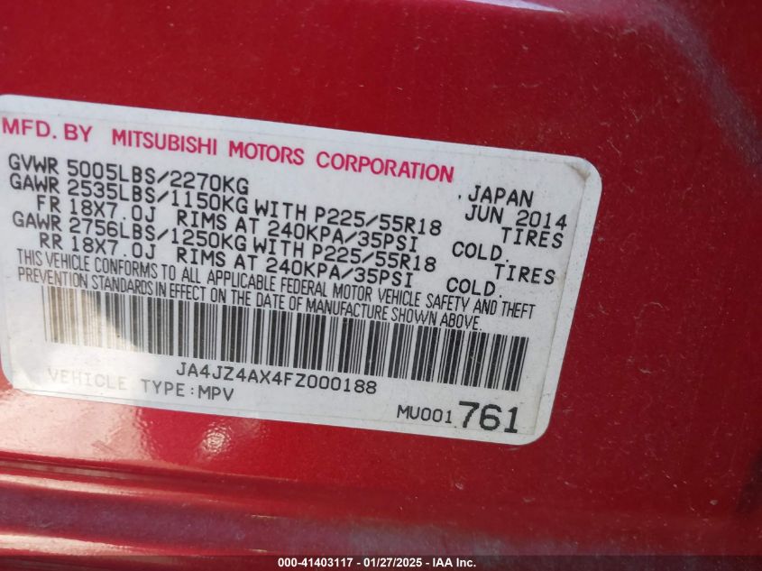 2015 MITSUBISHI OUTLANDER GT - JA4JZ4AX4FZ000188