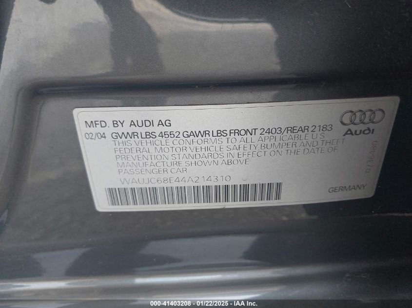 2004 Audi A4 1.8T VIN: WAUJC68E44A214310 Lot: 41403208