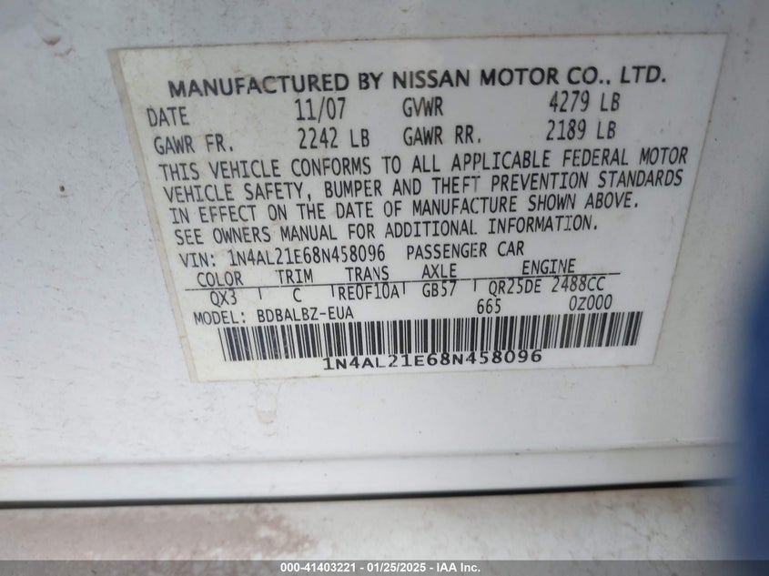 2008 NISSAN ALTIMA VIN: 1N4AL21E68N458096