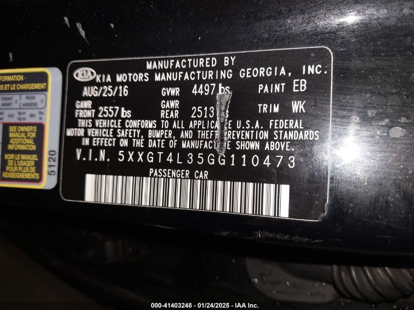 2016 Kia Optima Lx VIN: 5XXGT4L35GG110473 Lot: 41403248