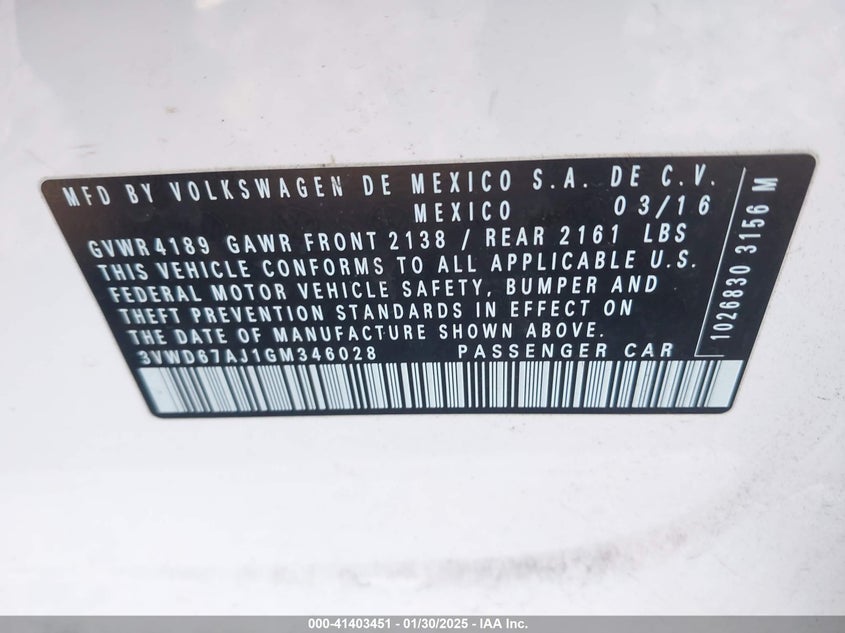 2016 VOLKSWAGEN JETTA VIN: 3VWD67AJ1GM346028