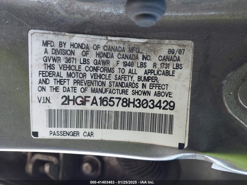 2008 HONDA CIVIC VIN: 2HGFA16578H303429