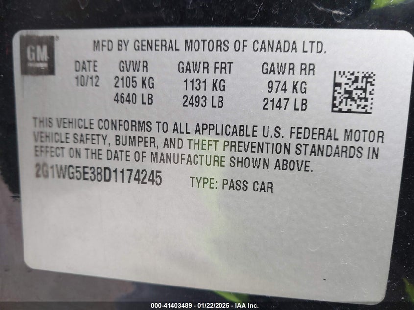 2013 CHEVROLET IMPALA VIN: 2G1WG5E38D1174245