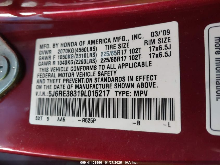 2009 Honda Cr-V Lx VIN: 5J6RE38319L015217 Lot: 41403556
