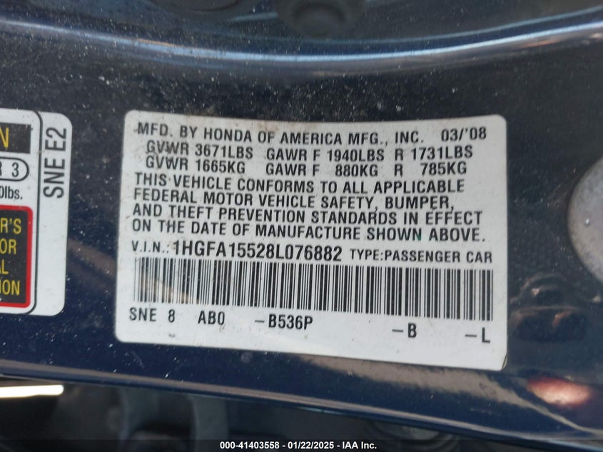 2008 HONDA CIVIC VIN: 1HGFA15528L076882