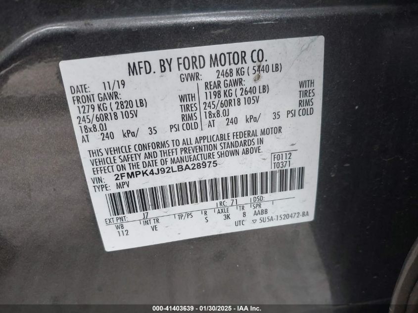 2020 Ford Edge Sel VIN: 2FMPK4J92LBA28975 Lot: 41403639