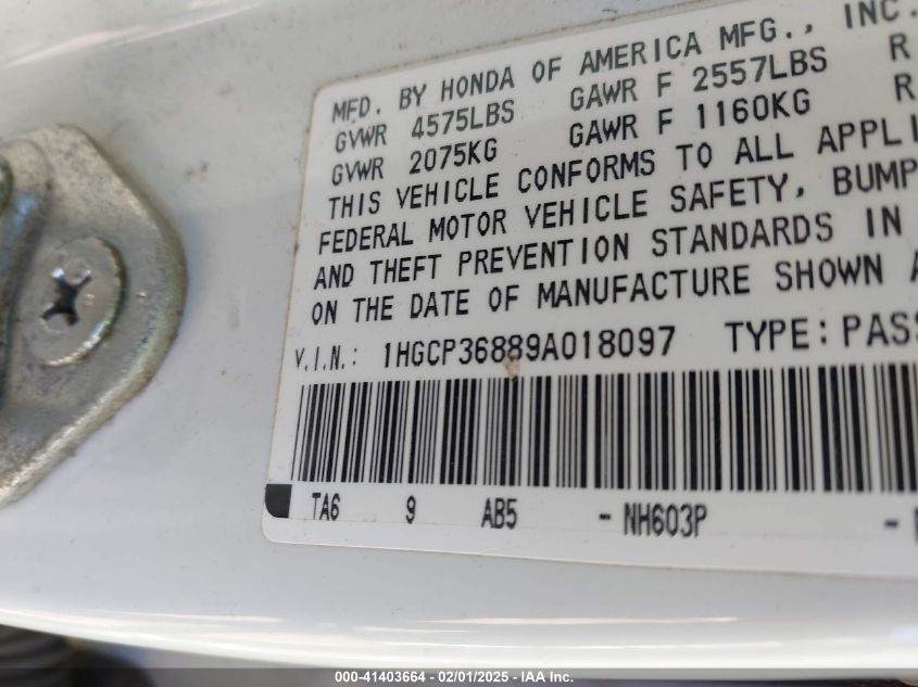 2009 Honda Accord 3.5 Ex-L VIN: 1HGCP36889A018097 Lot: 41403664