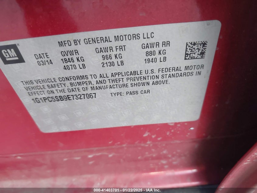 2014 CHEVROLET CRUZE VIN: 1G1PC5SB9E7327067