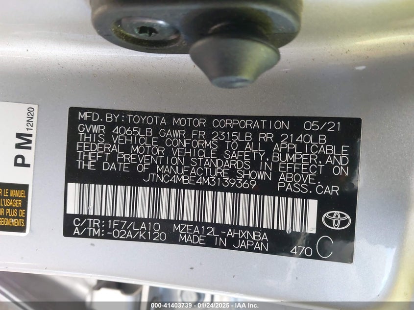 2021 TOYOTA COROLLA VIN: JTNC4MBE4M3139369