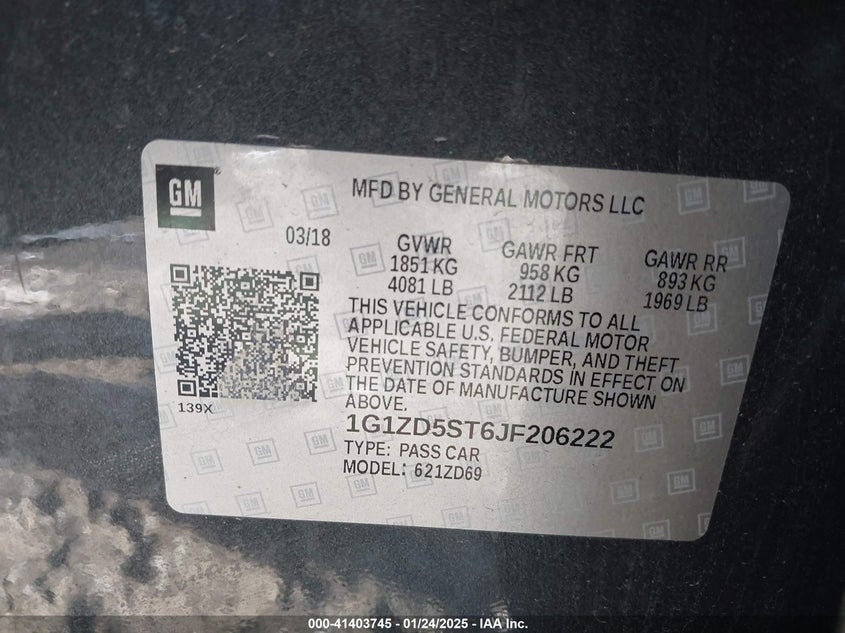2018 CHEVROLET MALIBU VIN: 1G1ZD5ST6JF206222