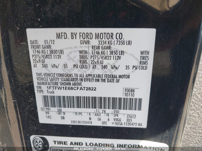 2012 FORD F-150 VIN: 1FTFW1E68CFA72822