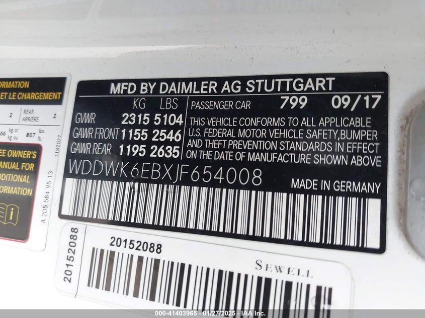 2018 MERCEDES-BENZ AMG C 43 VIN: WDDWK6EBXJF654008