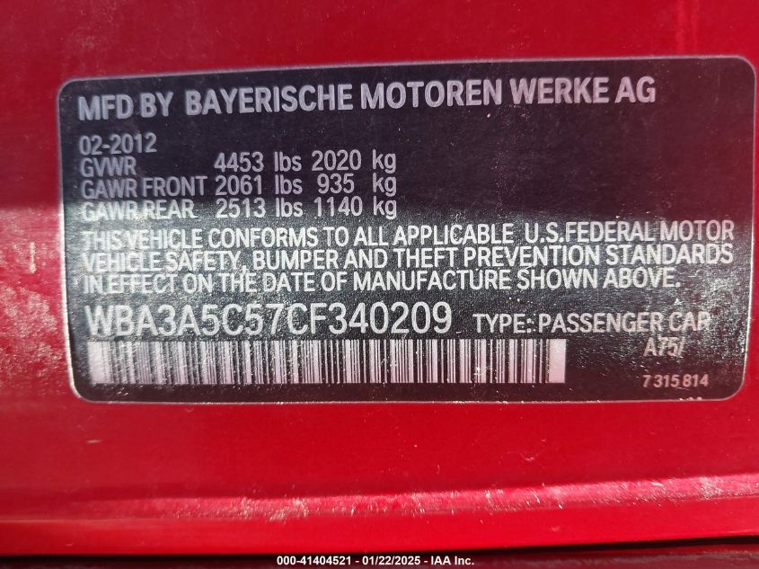 2012 BMW 328I VIN: WBA3A5C57CF340209 Lot: 41404521