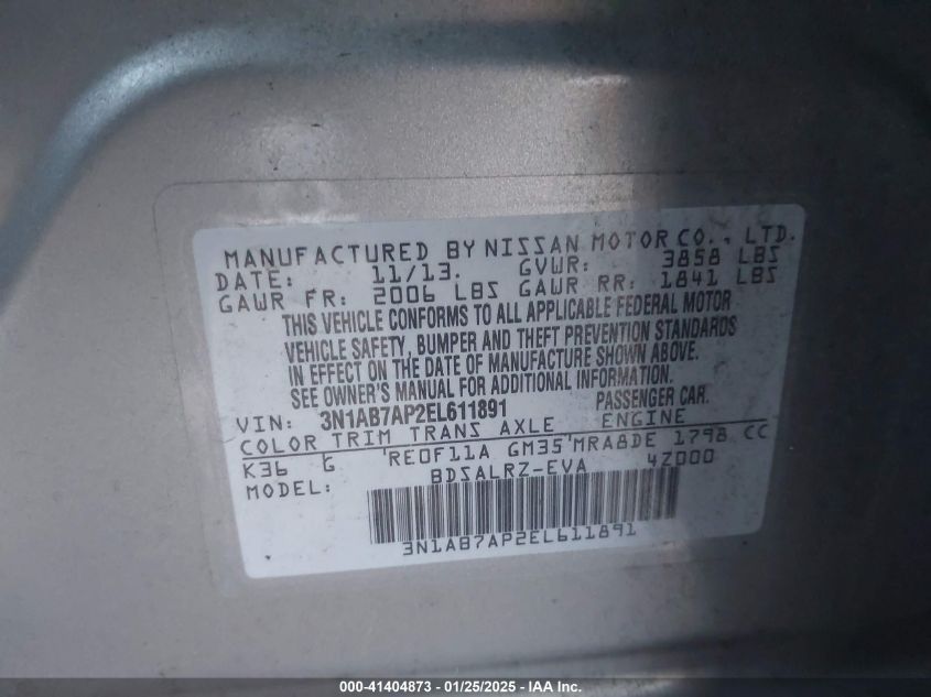 2014 Nissan Sentra Sr VIN: 3N1AB7AP2EL611891 Lot: 41404873