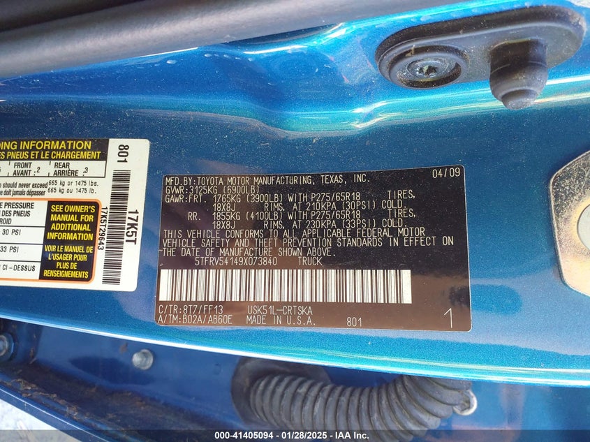 2009 TOYOTA TUNDRA VIN: 5TFRV54149X073840