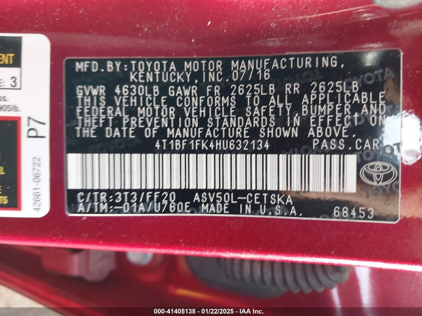 2017 TOYOTA CAMRY VIN: 4T1BF1FK4HU632134