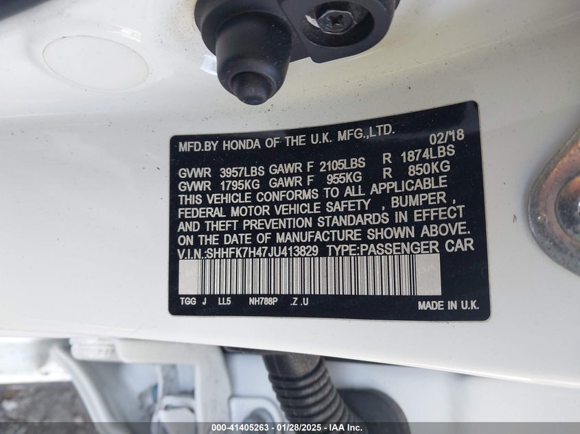 2018 HONDA CIVIC VIN: SHHFK7H47JU413829