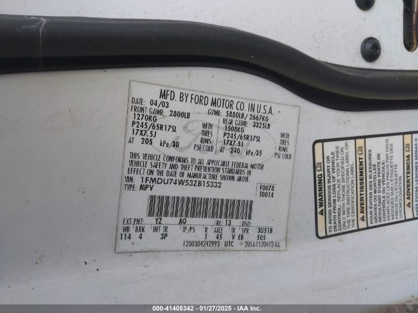 2003 Ford Explorer Eddie Bauer VIN: 1FMDU74W53ZB15332 Lot: 41405342