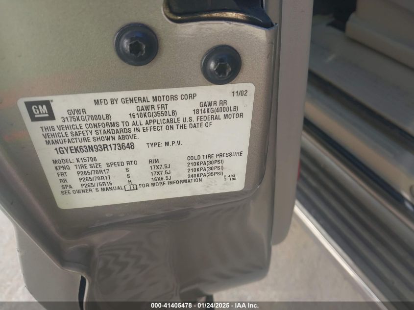 2003 Cadillac Escalade Standard VIN: 1GYEK63N93R173648 Lot: 41405478