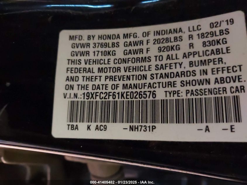 2019 Honda Civic Lx VIN: 19XFC2F61KE026576 Lot: 41405482