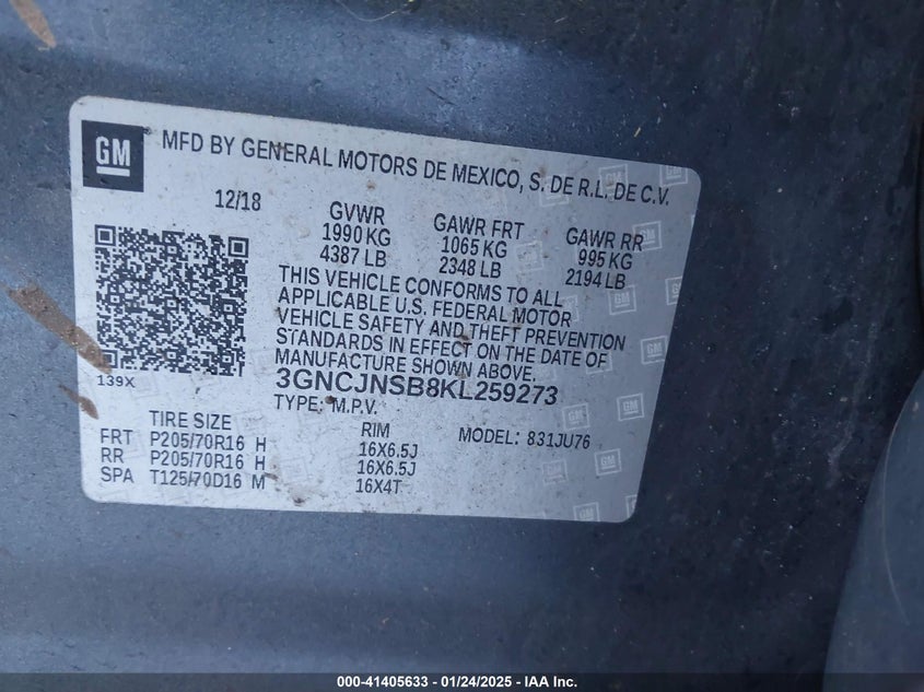 2019 CHEVROLET TRAX LS - 3GNCJNSB8KL259273