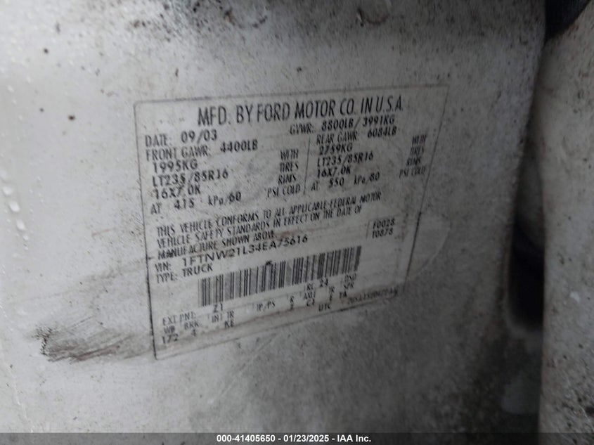 2004 Ford F-250 Lariat/Xl/Xlt VIN: 1FTNW21L34EA75616 Lot: 41405650