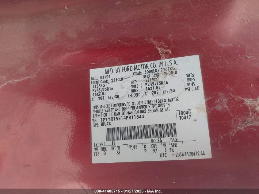 2004 Ford Ranger Super Cab VIN: 1FTYR15E14P311544 Lot: 41405715